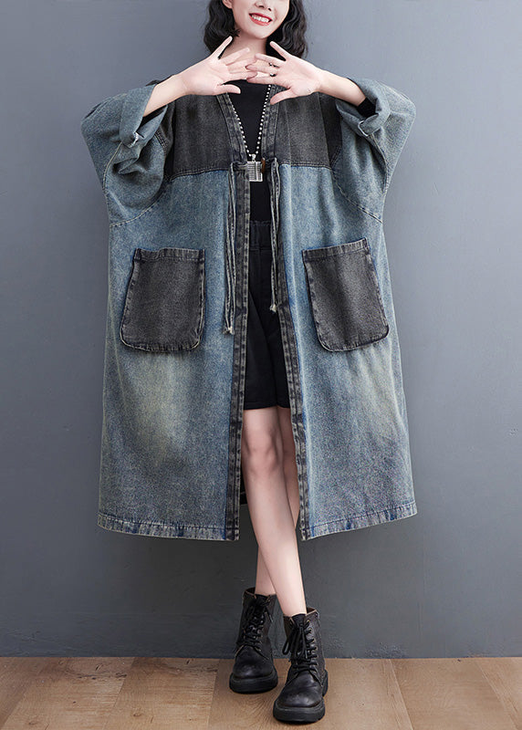 Denim Blue V Neck Patchwork Trench Coat Spring