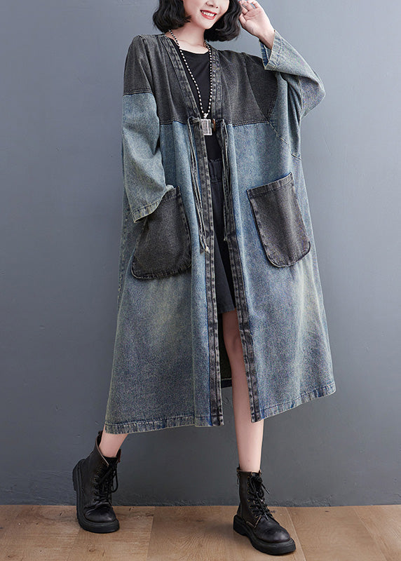 Denim Blue V Neck Patchwork Trench Coat Spring