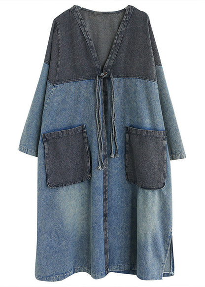 Denim Blue V Neck Patchwork Trench Coat Spring