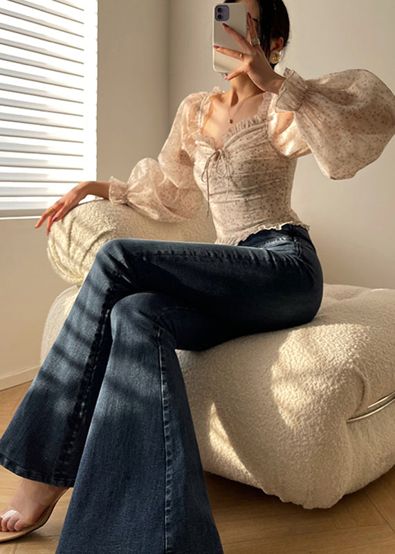 Denim Blue Zippered High Waist Pockets Flares Pants Fall