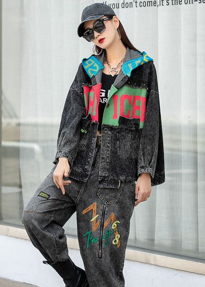 Denim Patchwork Knit Pockets Hooded Fall Coats Long Sleeve