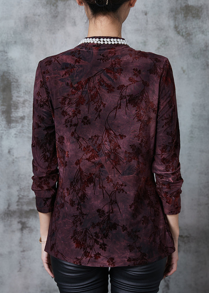 Dull Purple Mandarin Collar Jacquard Velour Oriental Tops Fall