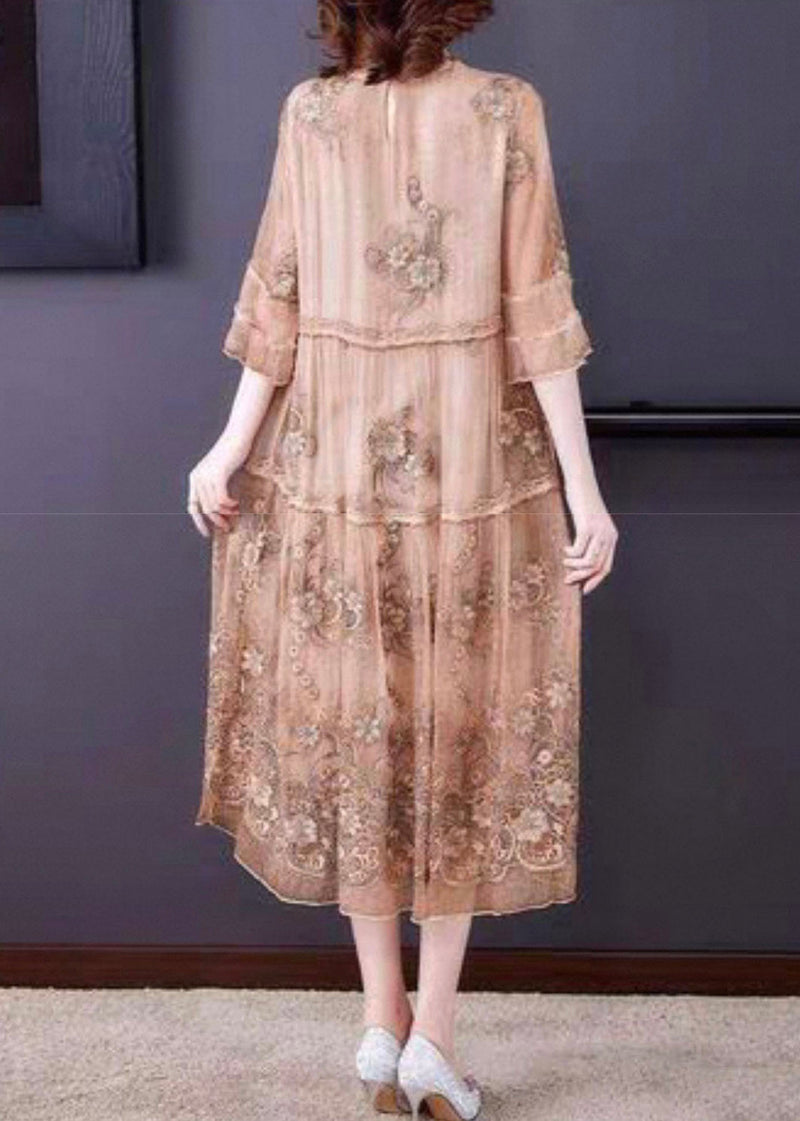 Embroidered Ruffled Patchwork Silk Long Dress Half Sleeve
