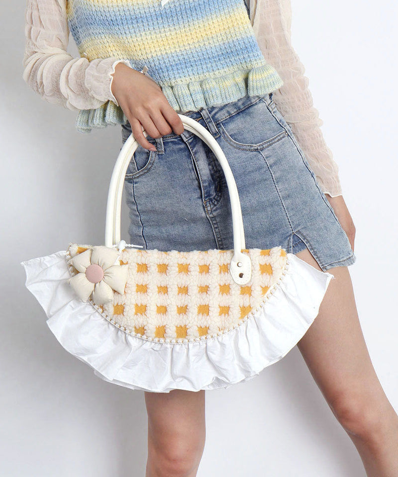 Fan-shaped Patchwork Ruffles Wool Tote Bag