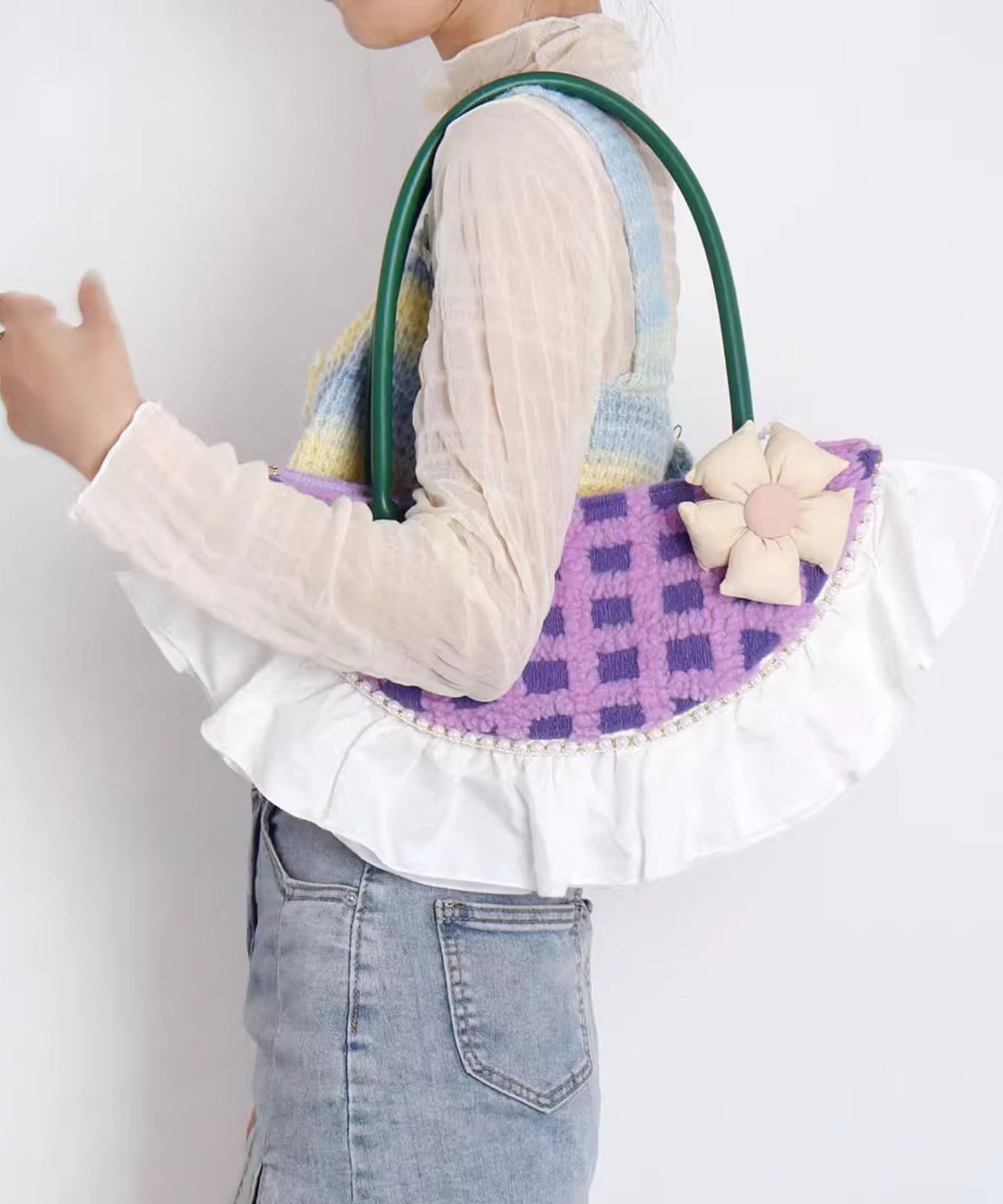 Fan-shaped Patchwork Ruffles Wool Tote Bag
