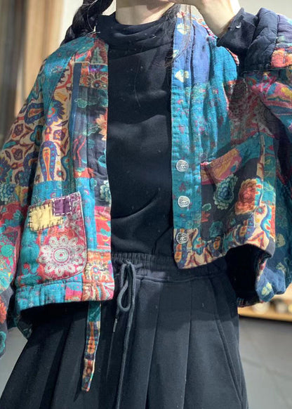 Flower Colour V Neck Pockets Print Linen Parka Batwing Sleeve