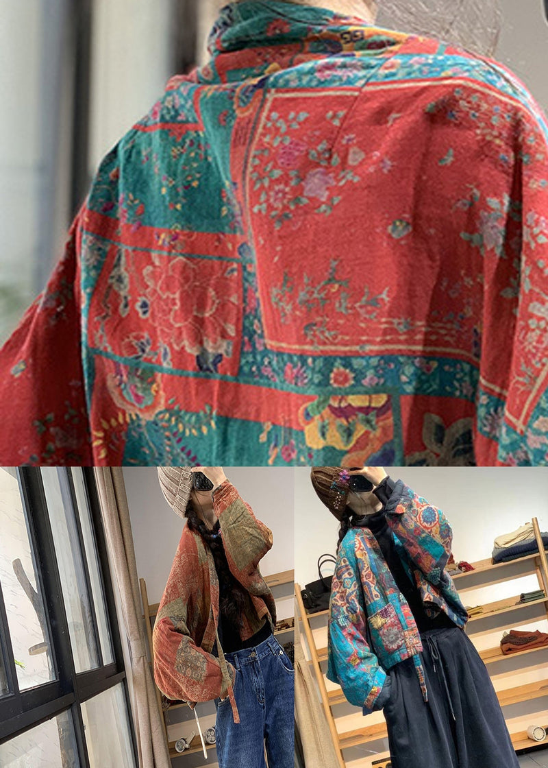 Flower Colour V Neck Pockets Print Linen Parka Batwing Sleeve