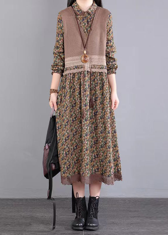 Flower Knitted Lace Drawstring Splice Fake Two Piece Dress Autumn