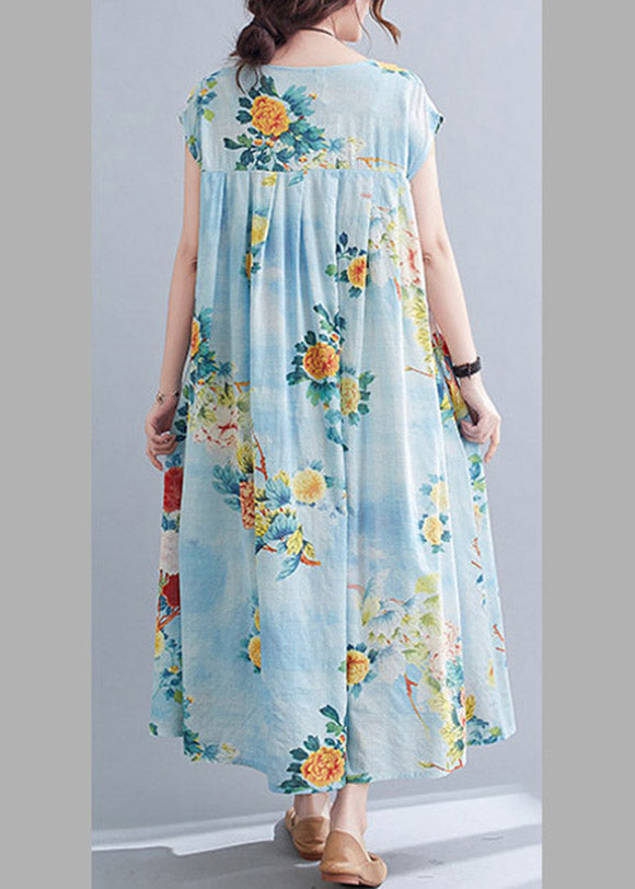 Flower Number Five O-neck Print Pockets Wrinkled Cotton Long Dress Short Sleeve