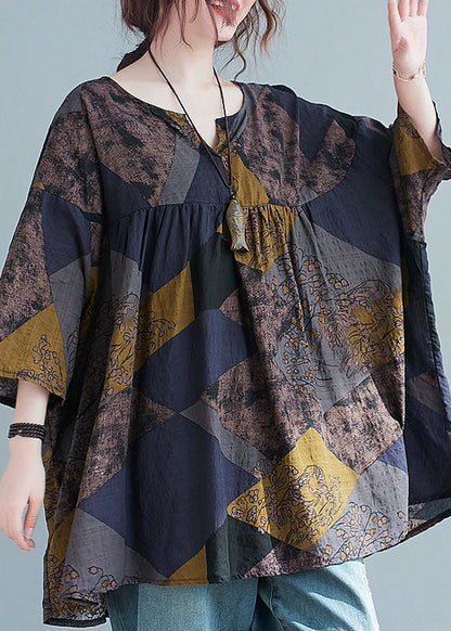 Geometric V Neck Print Patchwork Cotton Shirt Top Summer