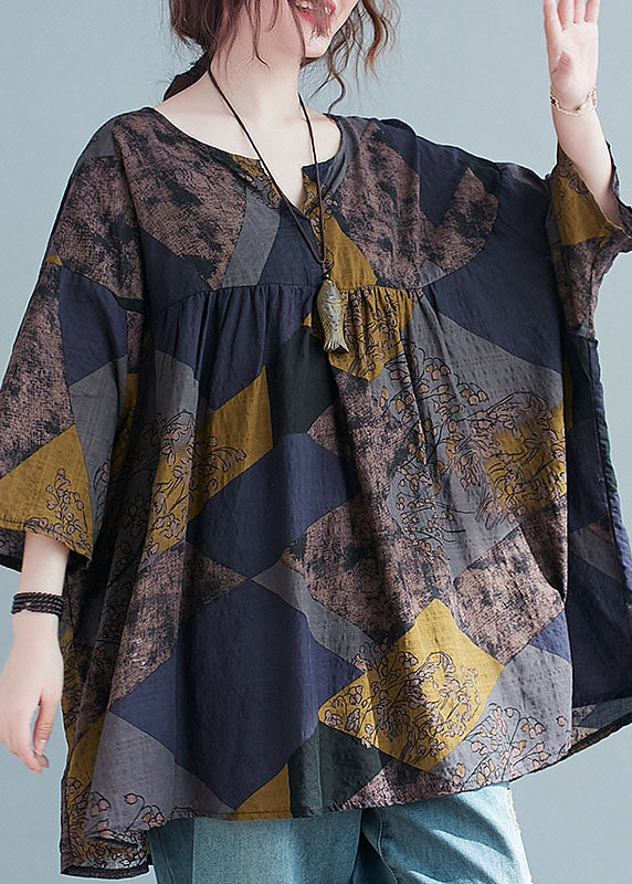 Geometric V Neck Print Patchwork Cotton Shirt Top Summer