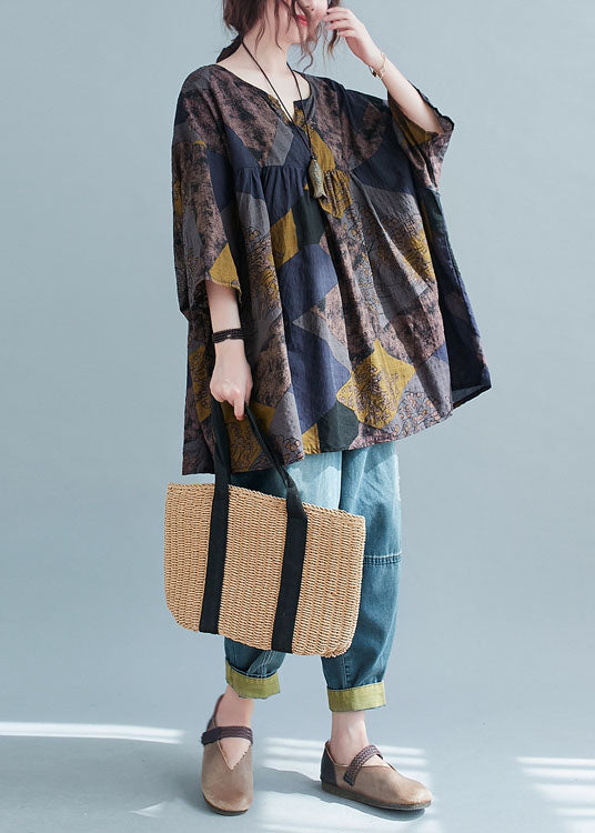 Geometric V Neck Print Patchwork Cotton Shirt Top Summer