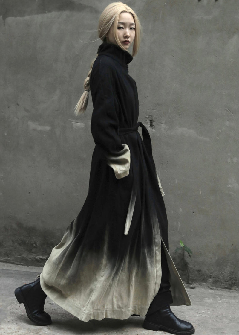 Gradient Color Tie Waist Pockets Denim Long Coats Long Sleeve