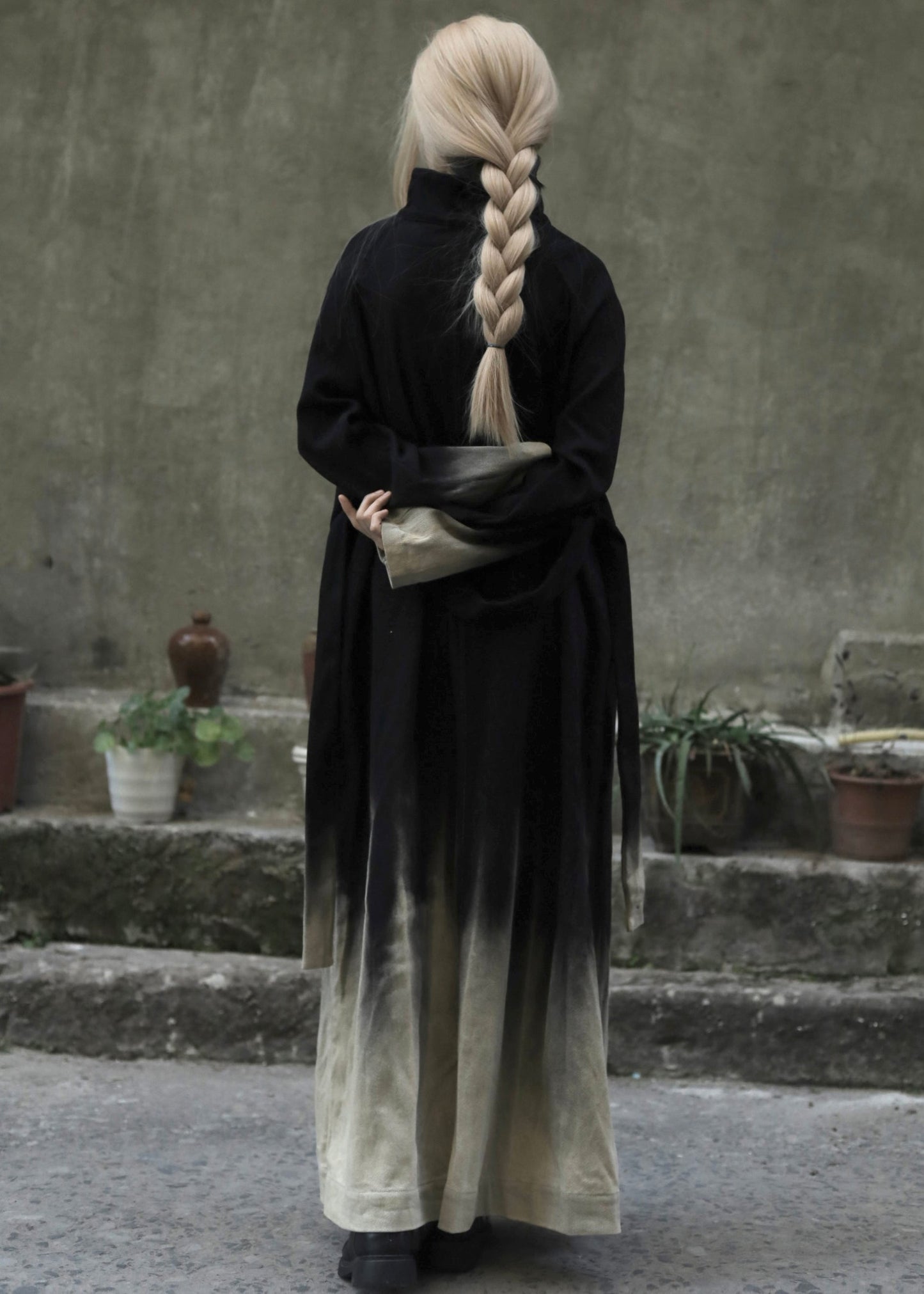 Gradient Color Tie Waist Pockets Denim Long Coats Long Sleeve
