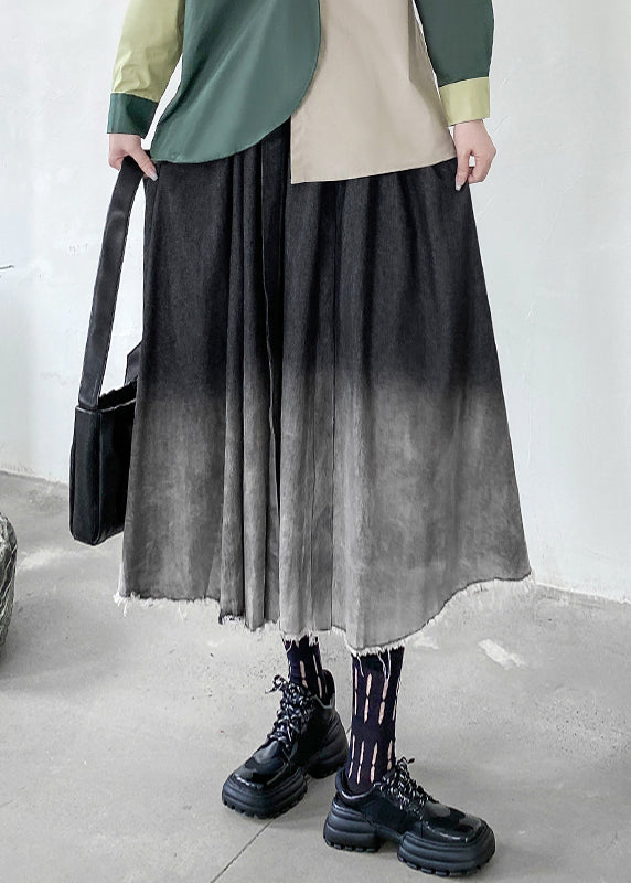 Gradient Color Wrinkled Elastic Waist Patchwork Denim Skirts Fall