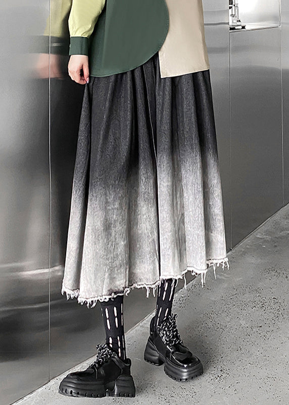 Gradient Color Wrinkled Elastic Waist Patchwork Denim Skirts Fall