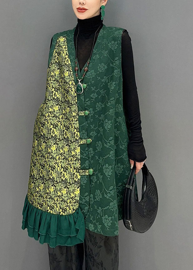 Green Asymmetrical Patchwork Button Waistcoat Fall