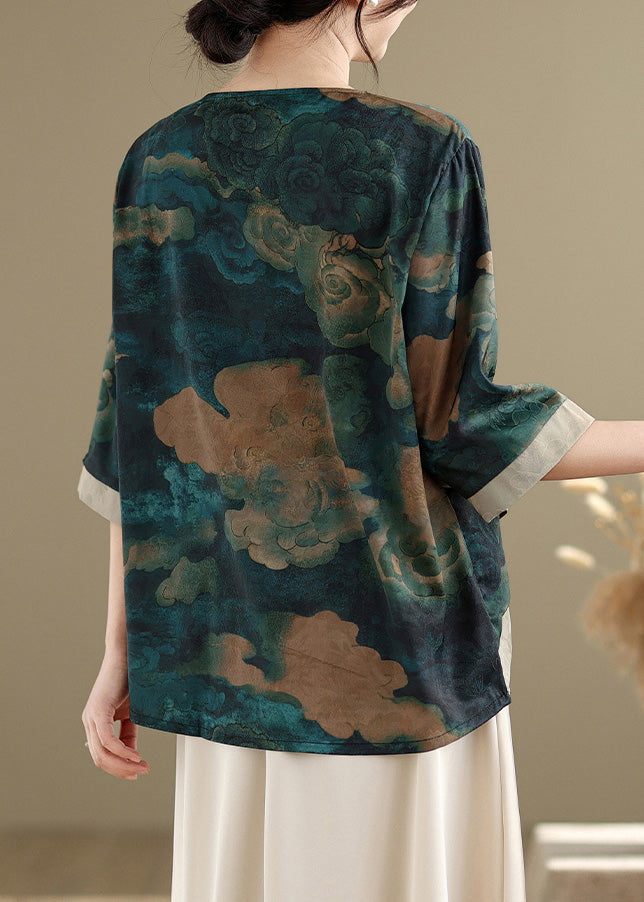Green Asymmetrical Print Silk Blouses Half Sleeve