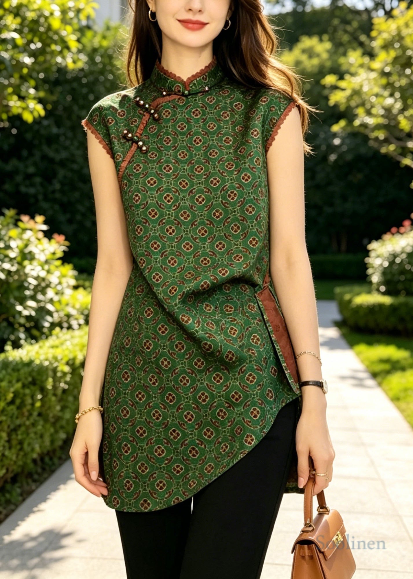Green Asymmetrical Print Silk Oriental Vest Tops Sleeveless