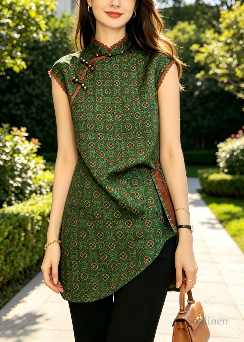 Green Asymmetrical Print Silk Oriental Vest Tops Sleeveless