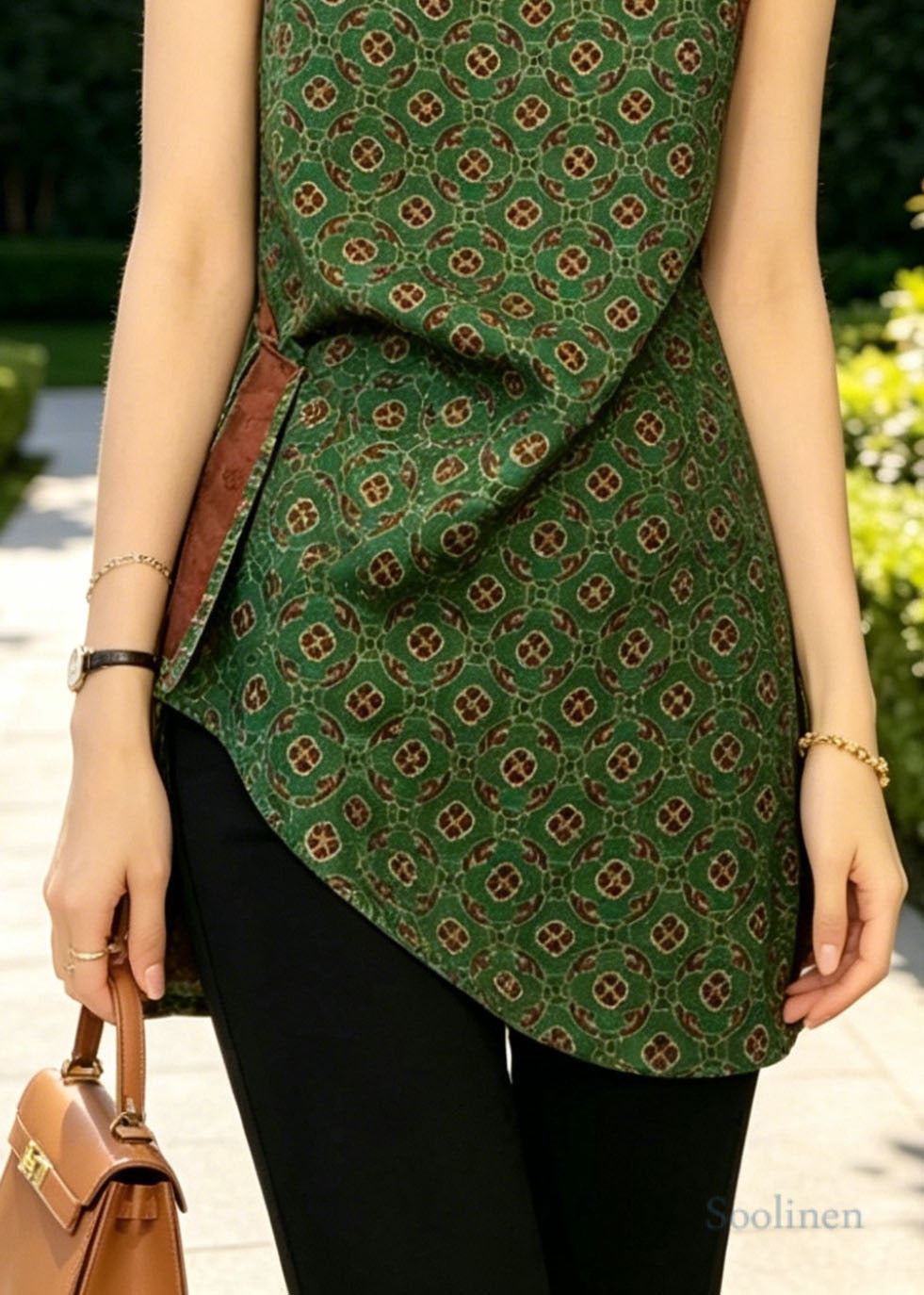 Green Asymmetrical Print Silk Oriental Vest Tops Sleeveless