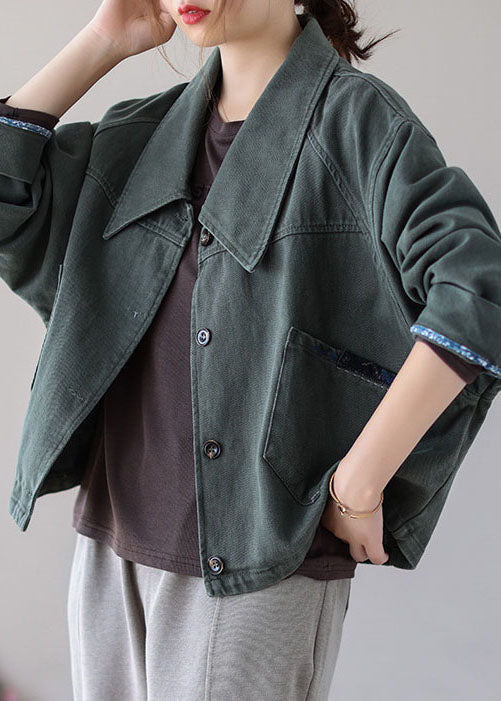 Green Button Patchwork Pockets Fall Denim Coat