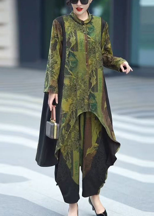 Green Button Patchwork Tops and Crop Pants Silk Two Pieces Set Spring