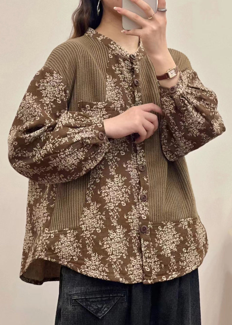 Button Print Patchwork Linen Shirt Top Fall