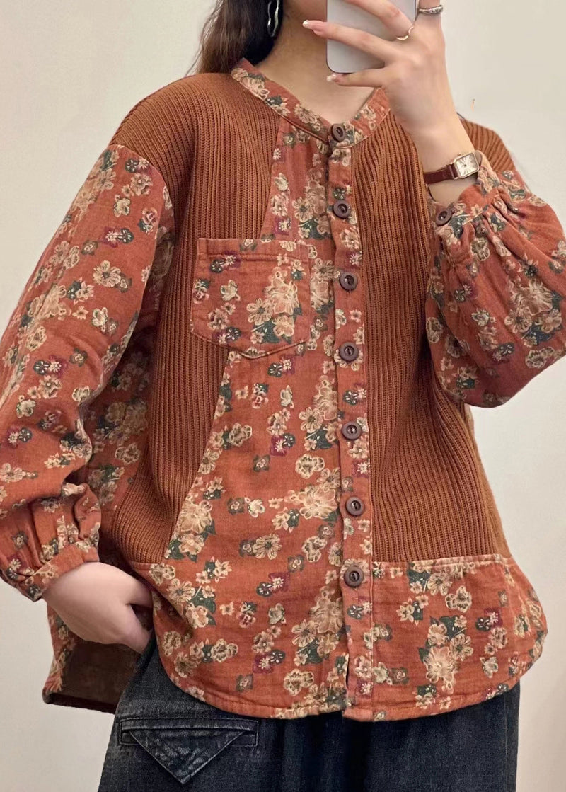 Button Print Patchwork Linen Shirt Top Fall