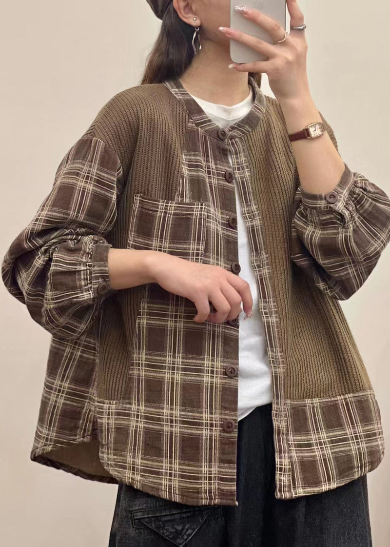 Button Print Patchwork Linen Shirt Top Fall