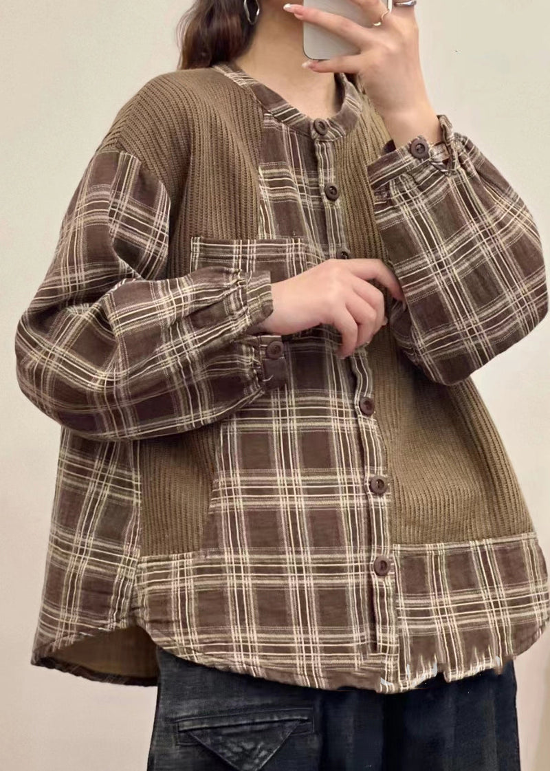 Button Print Patchwork Linen Shirt Top Fall