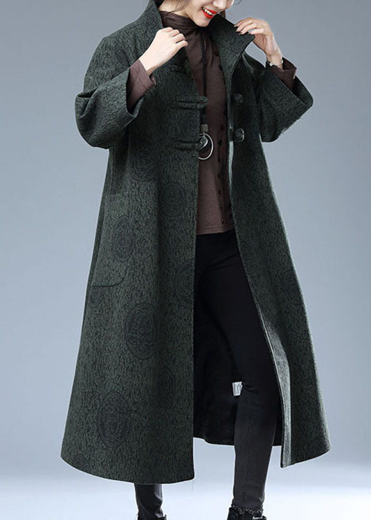 Green Chinese Button Print Pockets Patchwork Woolen Long Trench Coat Fall