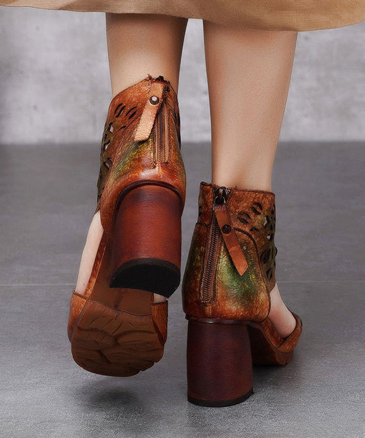 Green Chunky Cowhide Leather Peep Toe Hollow Out Sandals