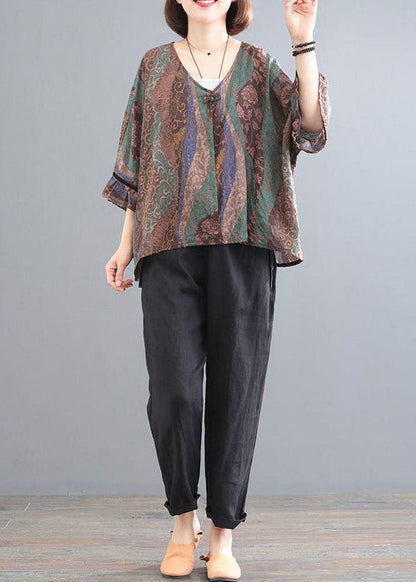 Green Chocolate V Neck Print Cotton Tops and Pants Two Pieces Set Summer