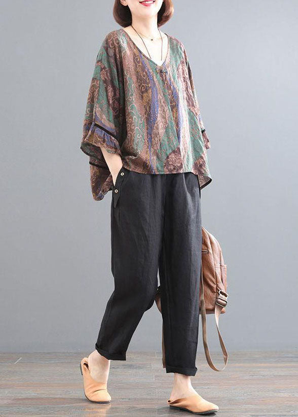 Green Chocolate V Neck Print Cotton Tops and Pants Two Pieces Set Summer