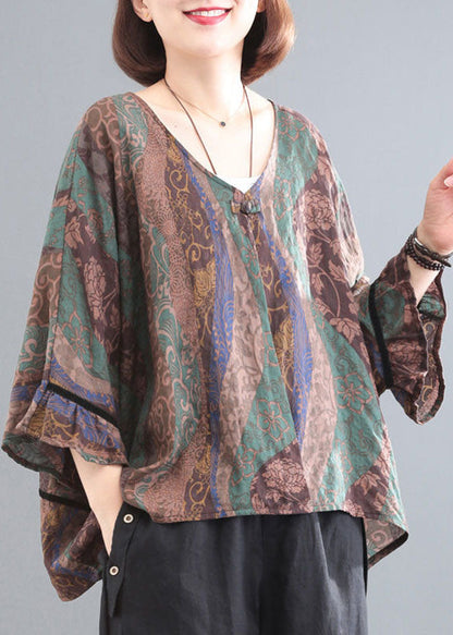 Green Chocolate V Neck Print Cotton Tops and Pants Two Pieces Set Summer
