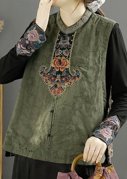 Green Collar Embroidered Wear on Both Sides Cotton Vest Fall