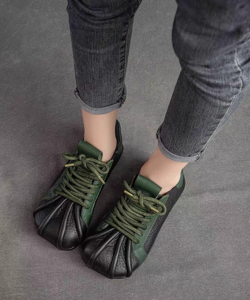 Green Cowhide Leather Flat Shoes Splicing Lace Up