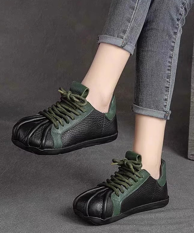 Green Cowhide Leather Flat Shoes Splicing Lace Up