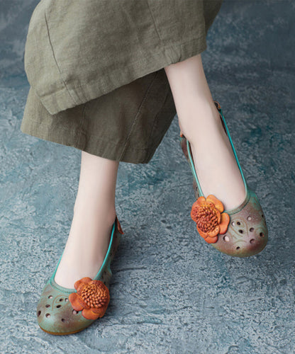 Green Cowhide Leather Hollow Out Flower Sandals