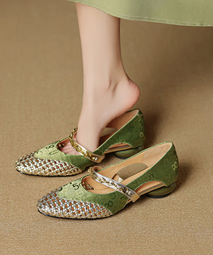 Green Cowhide Leather Splicing Hollow Out Chunky Shoes