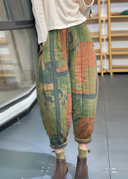 Green Elastic Waist Pockets Print Fine Cotton Filled Crop Pants Winter