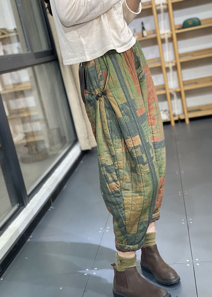 Green Elastic Waist Pockets Print Fine Cotton Filled Crop Pants Winter