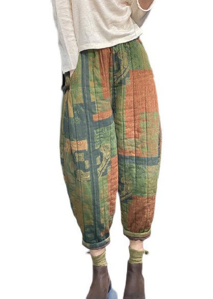 Green Elastic Waist Pockets Print Fine Cotton Filled Crop Pants Winter