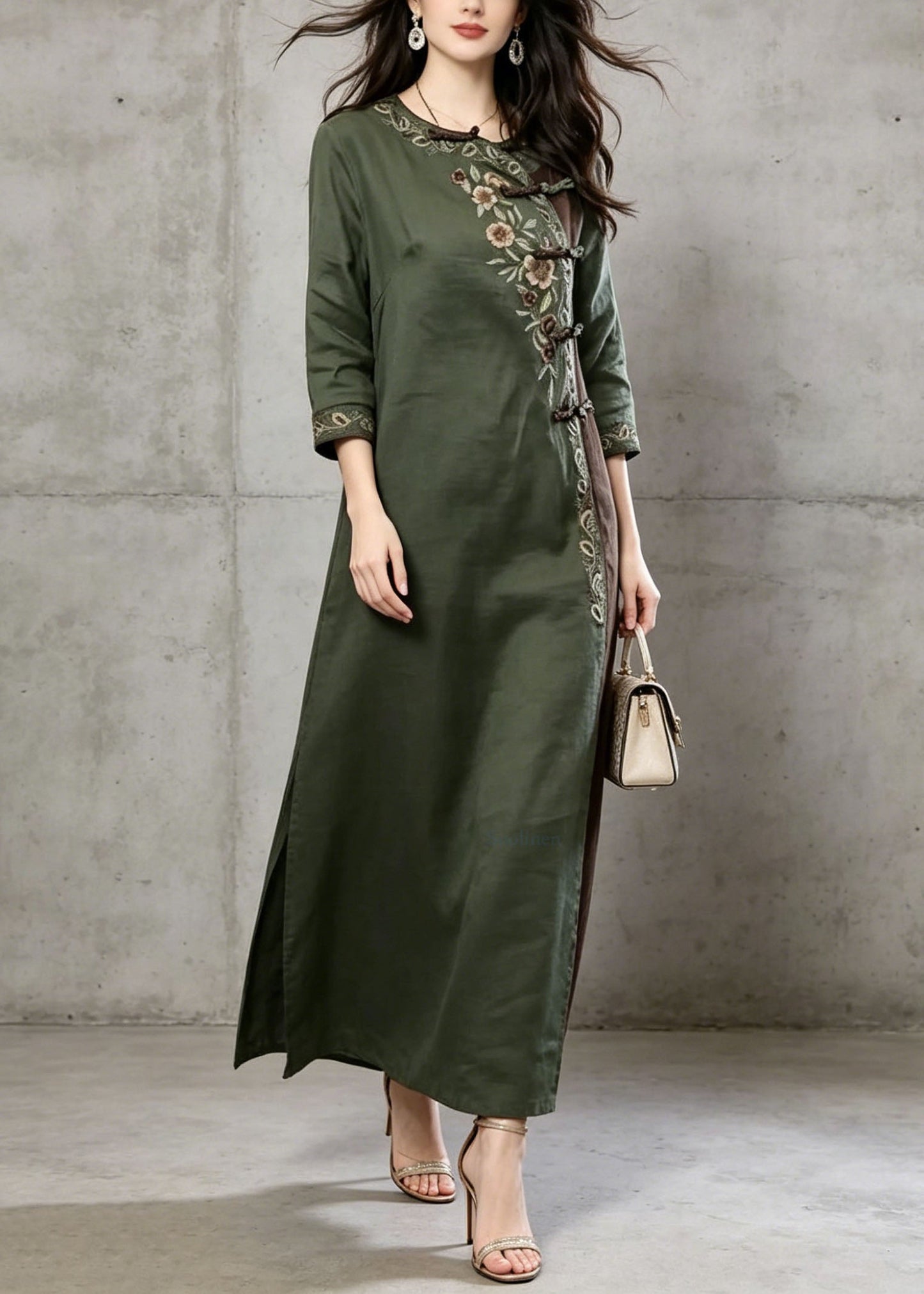 Green Embroidered Chinese Button Cotton Dress Summer