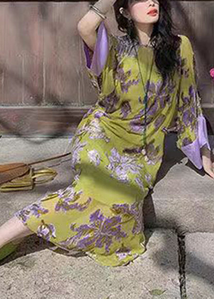 Green Printing Patchwork Chiffon Long Dress Spring