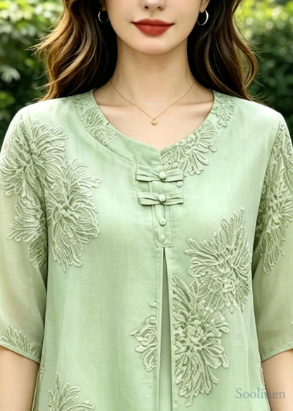 Green Embroidered Silk Fake Two Piece Shirts Summer
