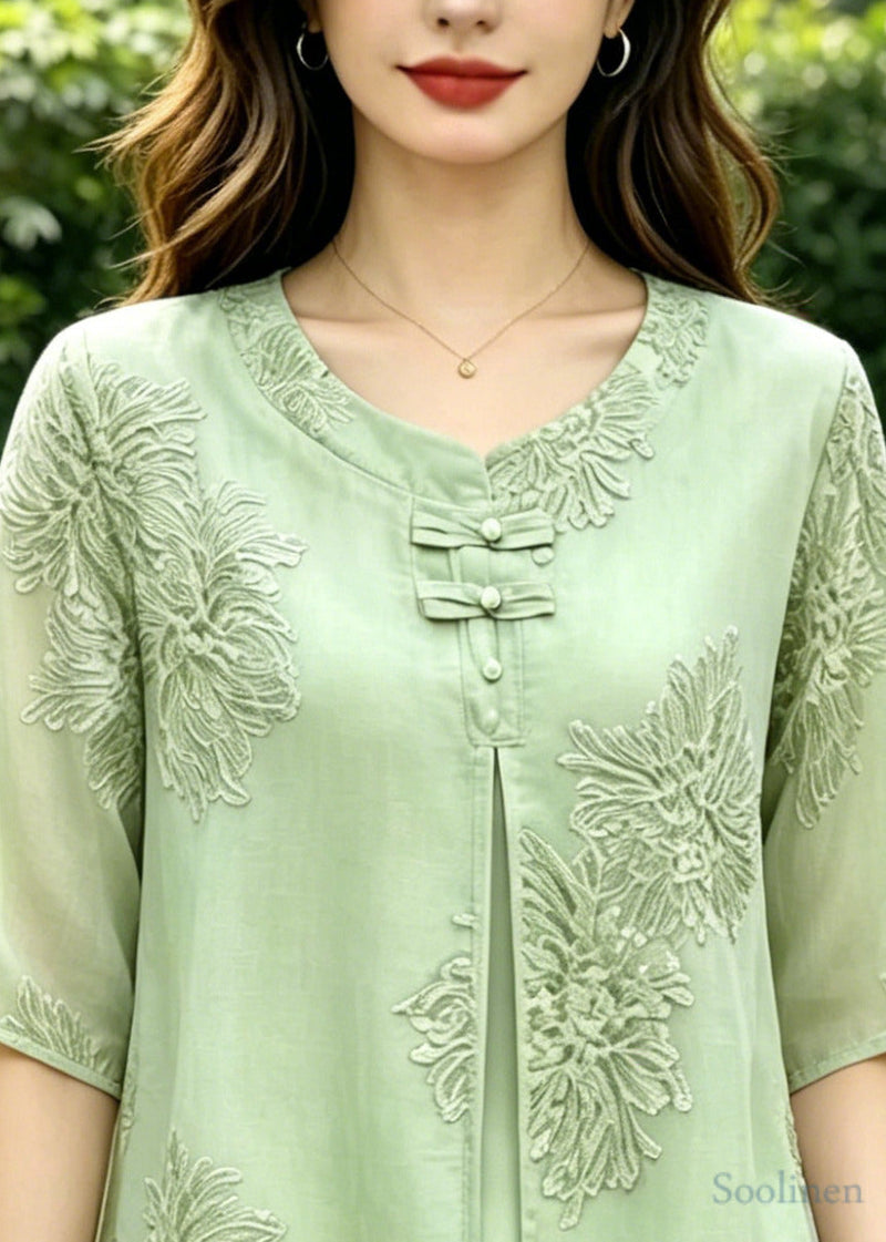 Green Embroidered Silk Fake Two Piece Shirts Summer