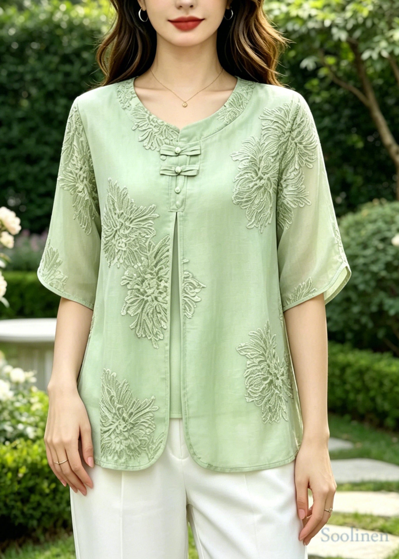 Green Embroidered Silk Fake Two Piece Shirts Summer