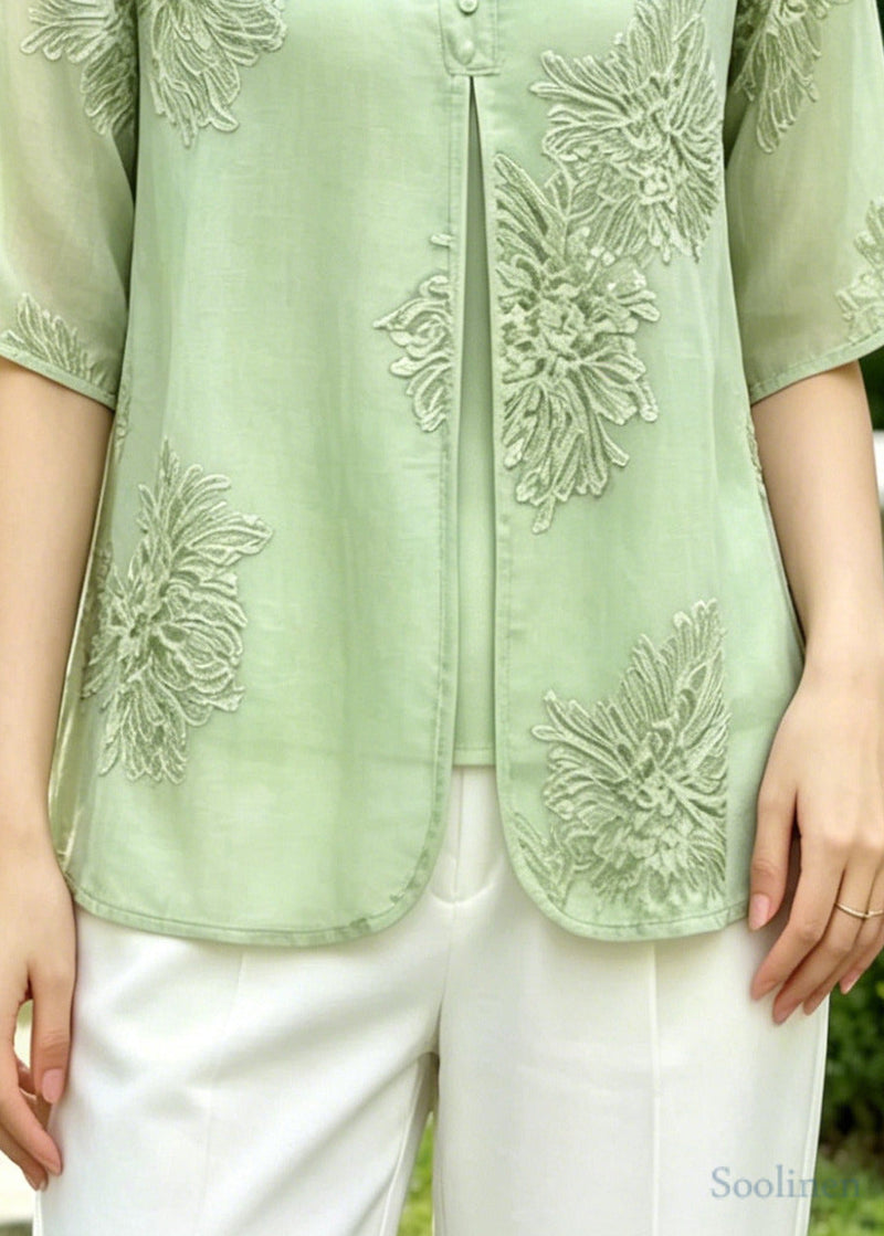 Green Embroidered Silk Fake Two Piece Shirts Summer